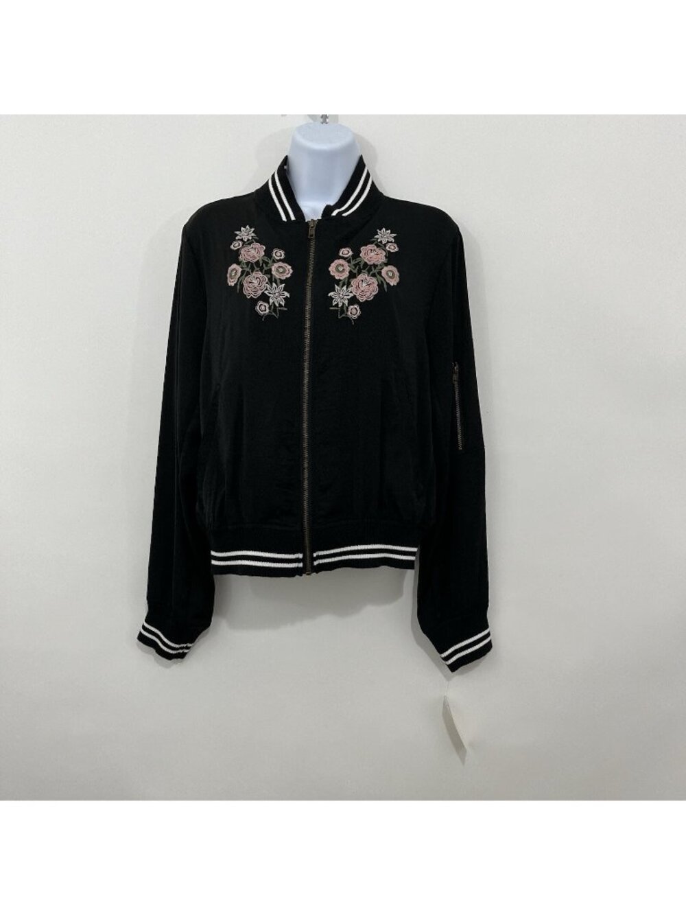 Living Doll Black Floral Embroidered Zipper Long Sleeve Jacket
